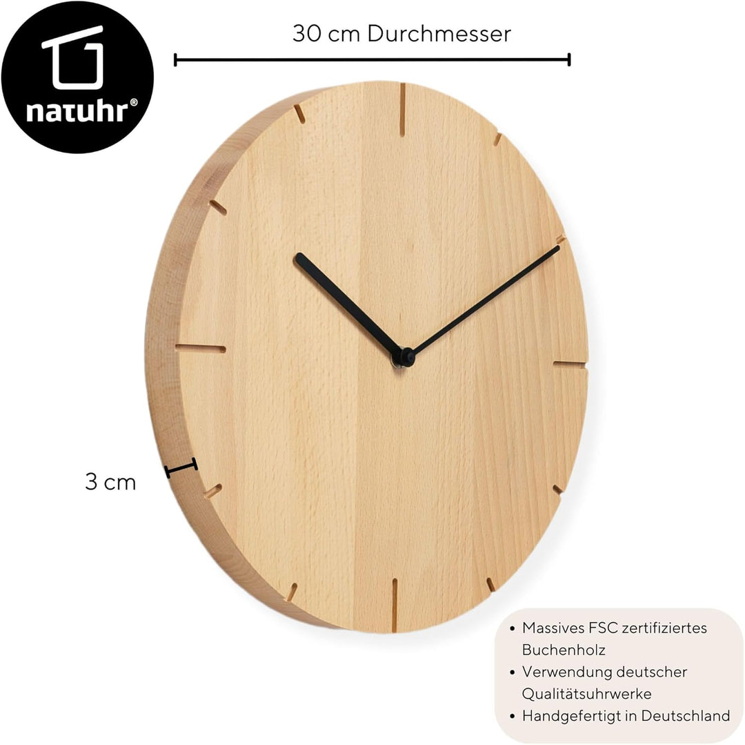 Natuhr Wanduhr Buche geölt Holzuhr Solide Massivholz, präzises Funk Uhrwerk, puristisch, modern, ska