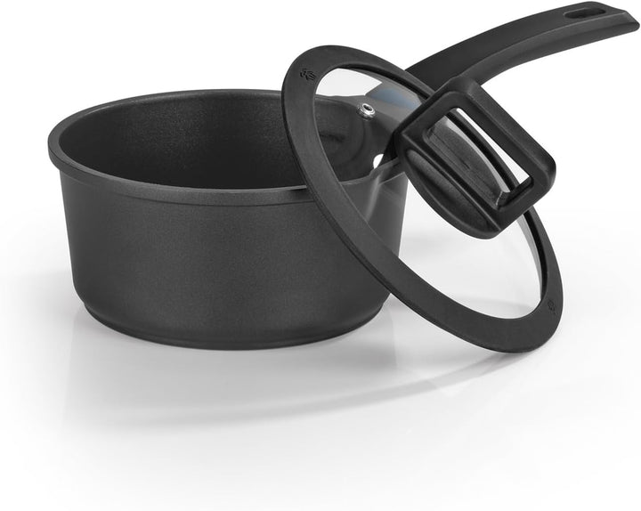N8WERK Aluguss-Stielkasserolle in der Midnight Edition 18 cm | Farbwechsel-Temperaturanzeige, Deckel