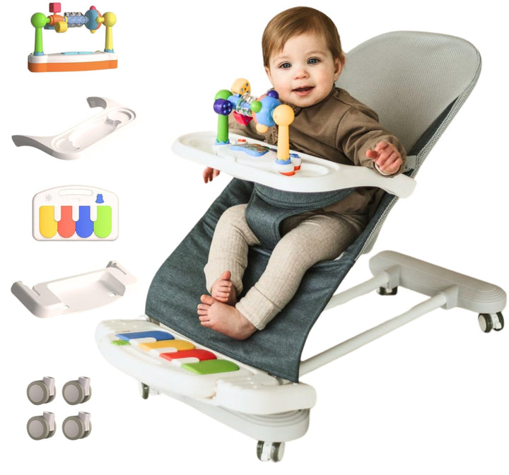 CuddoBaby 4-in-1 Babywippe mit Rädern, abnehmbares Klavier &amp; Futtertablett, 3-stufig verstellbarer k