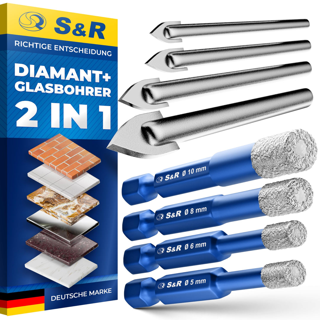 S&R Diamantbohrer Set 8-tlg, 4 x Diamant-Bohrer 5, 6, 8, 10 mm, 4 x YG8 Karbid Hartmetall-Bohrer 4,