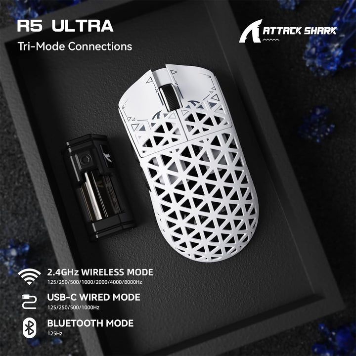 ATTACK SHARK R5 Ultra Carbonfaser HyperSpeed Kabellose Gaming-Maus, 39g ultraleichte Maus, 2,4G/BT/U