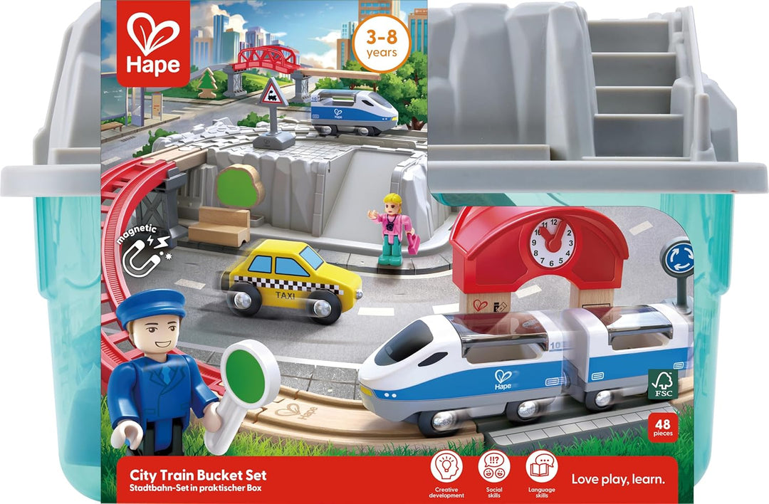 Hape Eisenbahnwelt Spielset mit Aufbewahrungsbox, 48 Teile, an 3 Jahren Stadtzug, Stadtzug