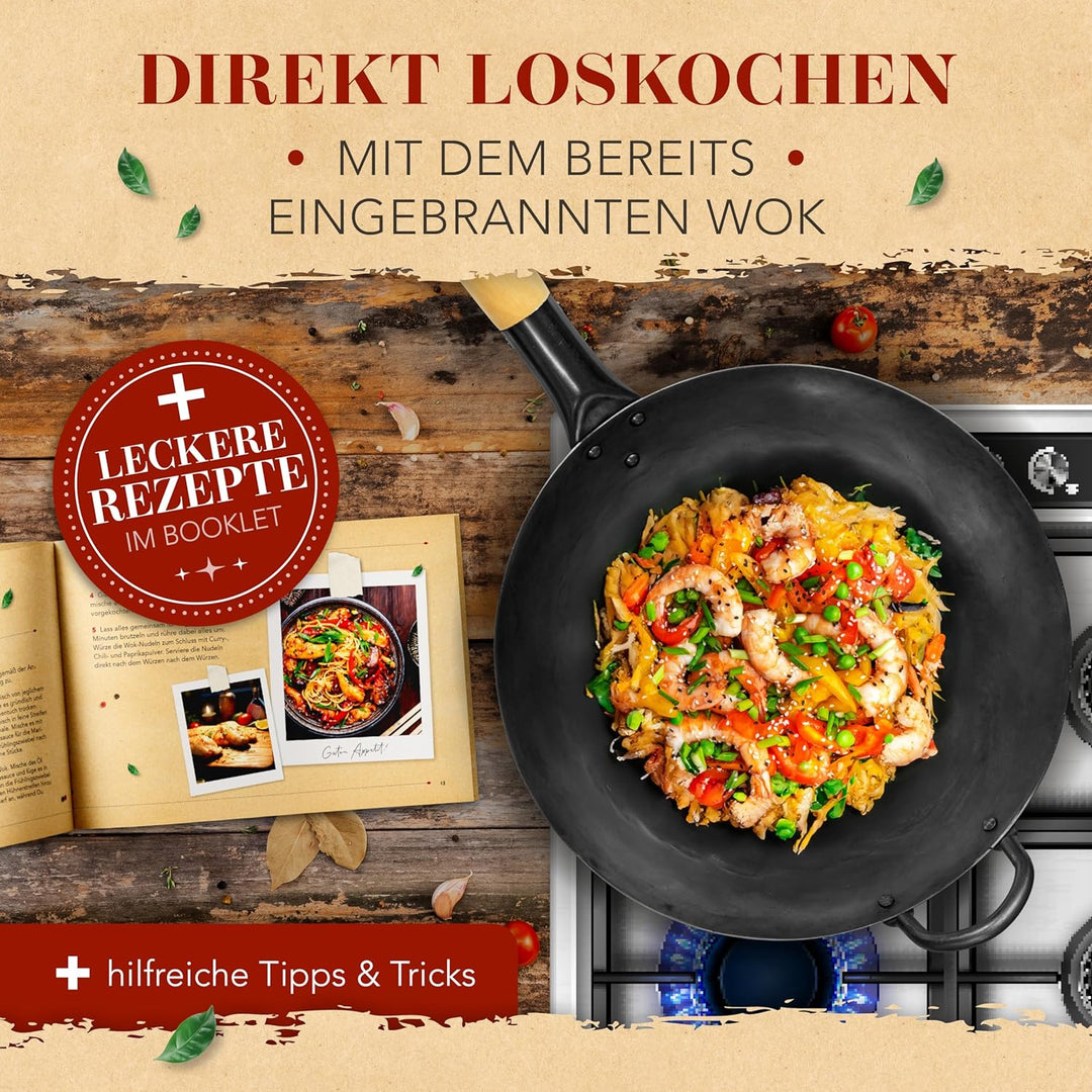 KRUSTENZAUBER 36cm Wokpfanne Induktion voreingebrannt - Traditionelle Stahlwokpfanne mit Wokwender u