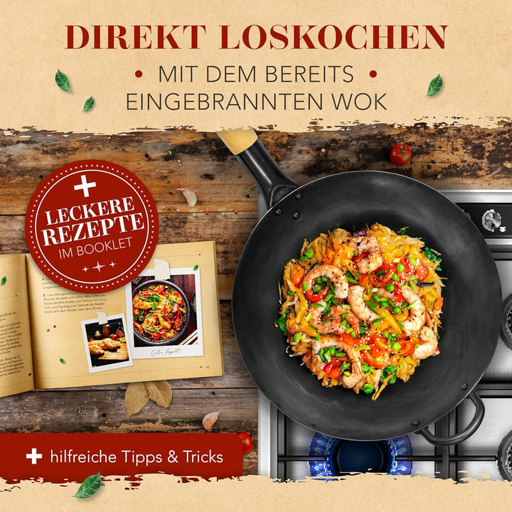 KRUSTENZAUBER 36cm Wokpfanne Induktion voreingebrannt - Traditionelle Stahlwokpfanne mit Wokwender u