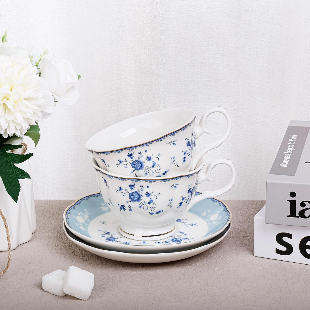 fanquare Blaues Blumenmuster-Teetassen- und Untertassen-Set, 6-teilig, elegante britische Porzellan-