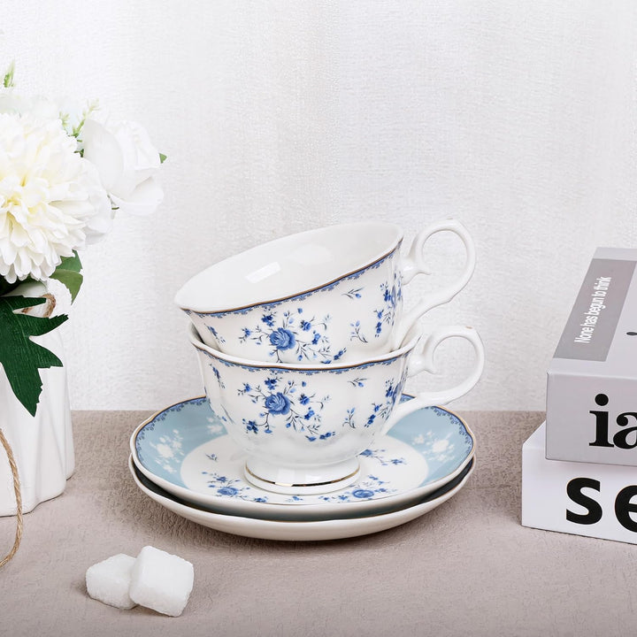 fanquare Blaues Blumenmuster-Teetassen- und Untertassen-Set, 6-teilig, elegante britische Porzellan-