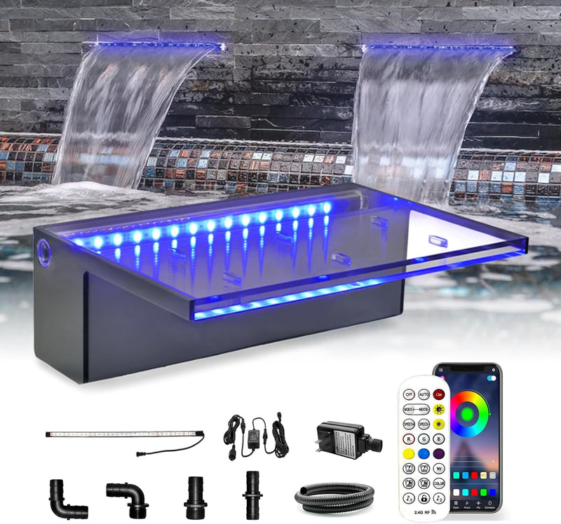 Longrun Wasserfall Überlauf APP Kontrolle Mehrfarbig LED-Licht Draussen Pool Brunnen, Acryl Wasser Ü