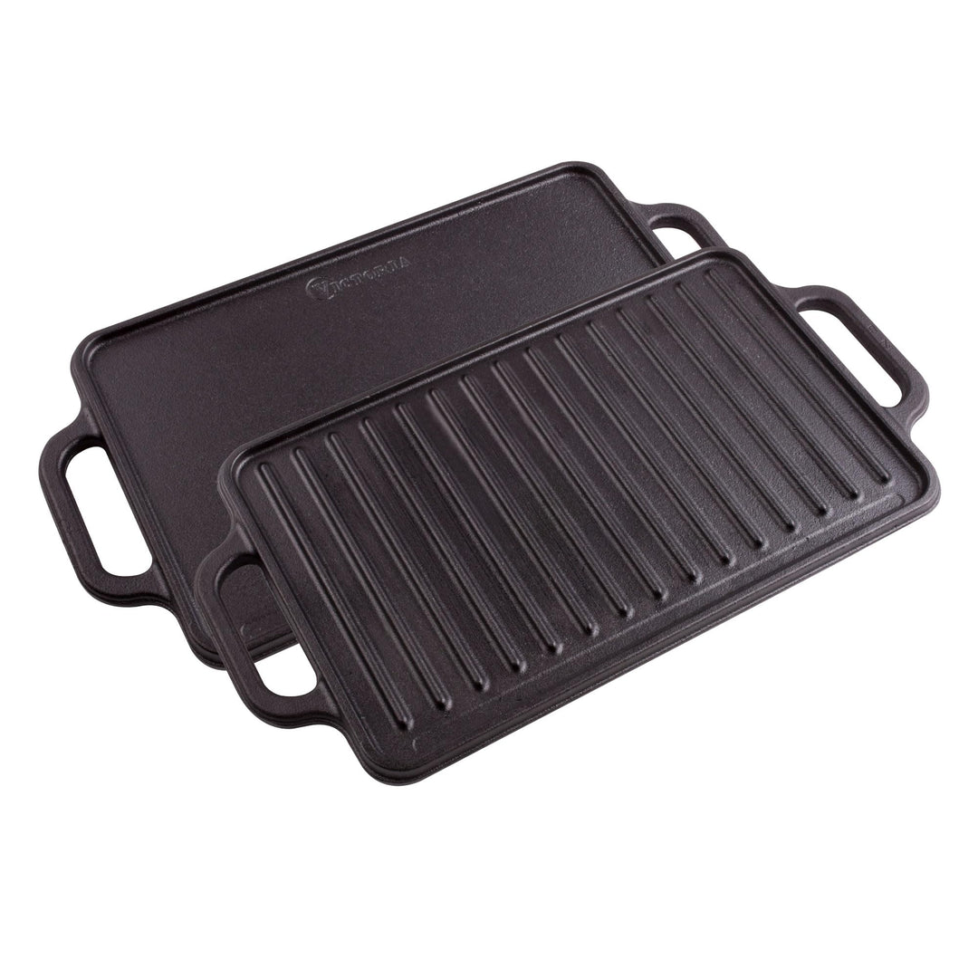 VICTORIA Grillplatte Emailliertes Gusseisen Grillpfanne 33 X 21cm Doppelseitig Verwendbar, für Feuer