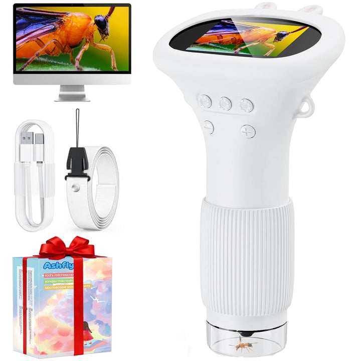 Mikroskop für Kinder, Ashfly 1000X Taschenmikroskop mit 2,0" IPS-Bildschirm USB Microscope Lupe, 8 L