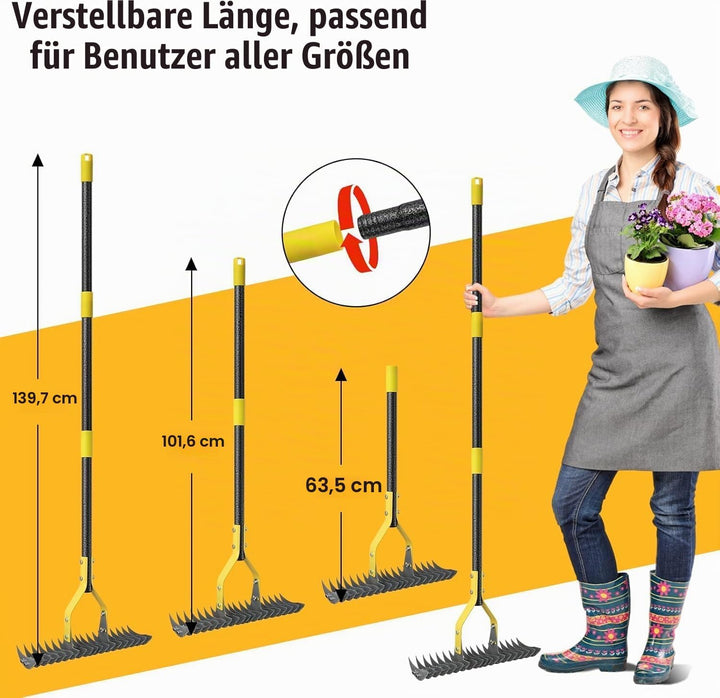 Vertikutierer Rechen mit Stiel,178cm Verstellbarer Handvertikutierer für Rasenpflege, Boden Lockern