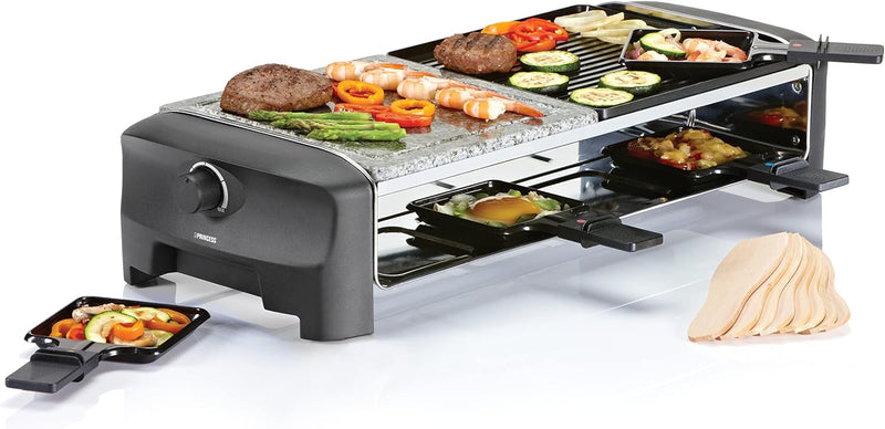 Princess Raclette Grill/ Steingrill für bis zu 8 Personen – mit 8 Pfännchen und regelbarem Thermosta