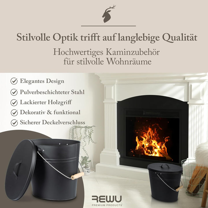 ReWu Stahleimer Ascheeimer Mehrzweckeimer oval mit Deckel für heisse Glut und Asche - Grösse 15 l -