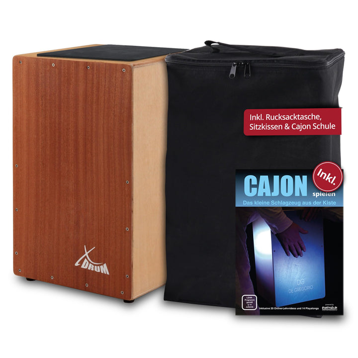 XDrum Cajon Primero Sapeli - Kistentrommel inkl. Rucksacktasche und Schule - Trommelkiste mit Snare