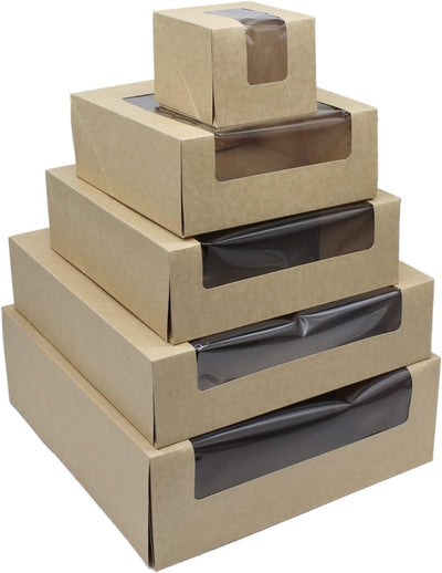 BAMI Tortenkarton | Kuchenkarton | Konditorkarton | Tortenbox | Vollpappe, braun mit Sichtfensterdec