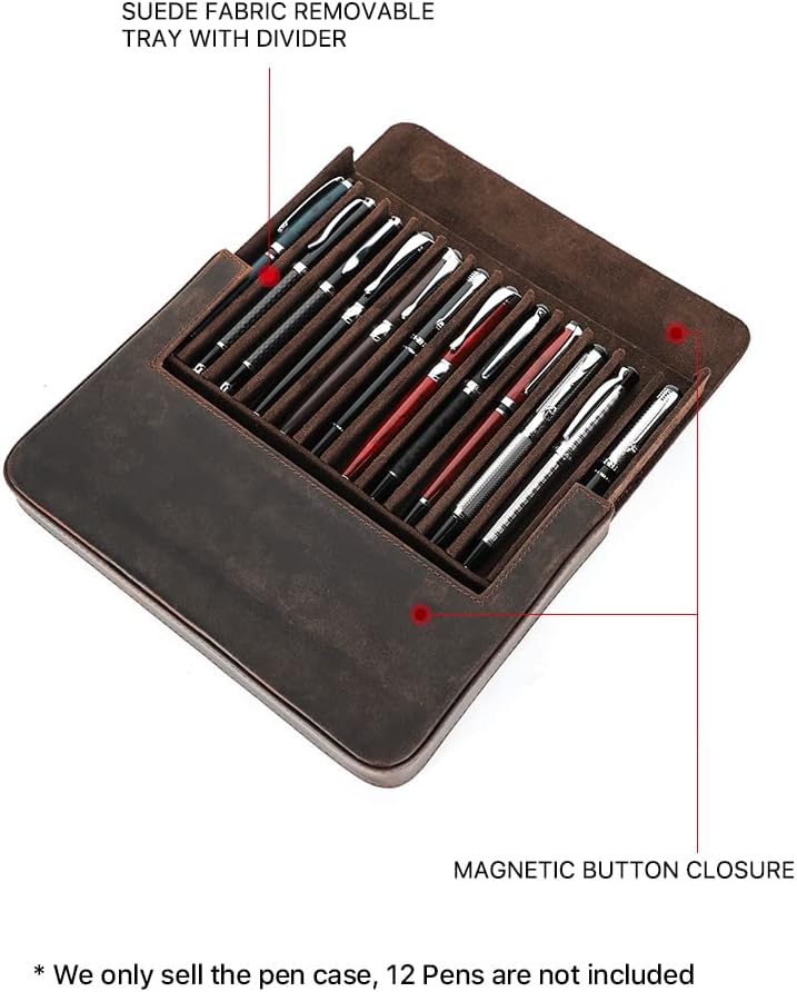 Hiram Leder-Füllfederhalter-Box für 12 Stifte, Tragbares Lederetui für Stifte mit Verstecktem Magnet