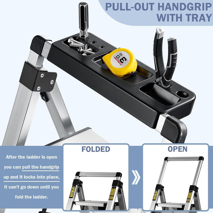 XinSunho Stufenleiter, Klapptritt 3 Stufen mit Ausziehbarem Handlauf, Aluminium Tritthocker, rutschf