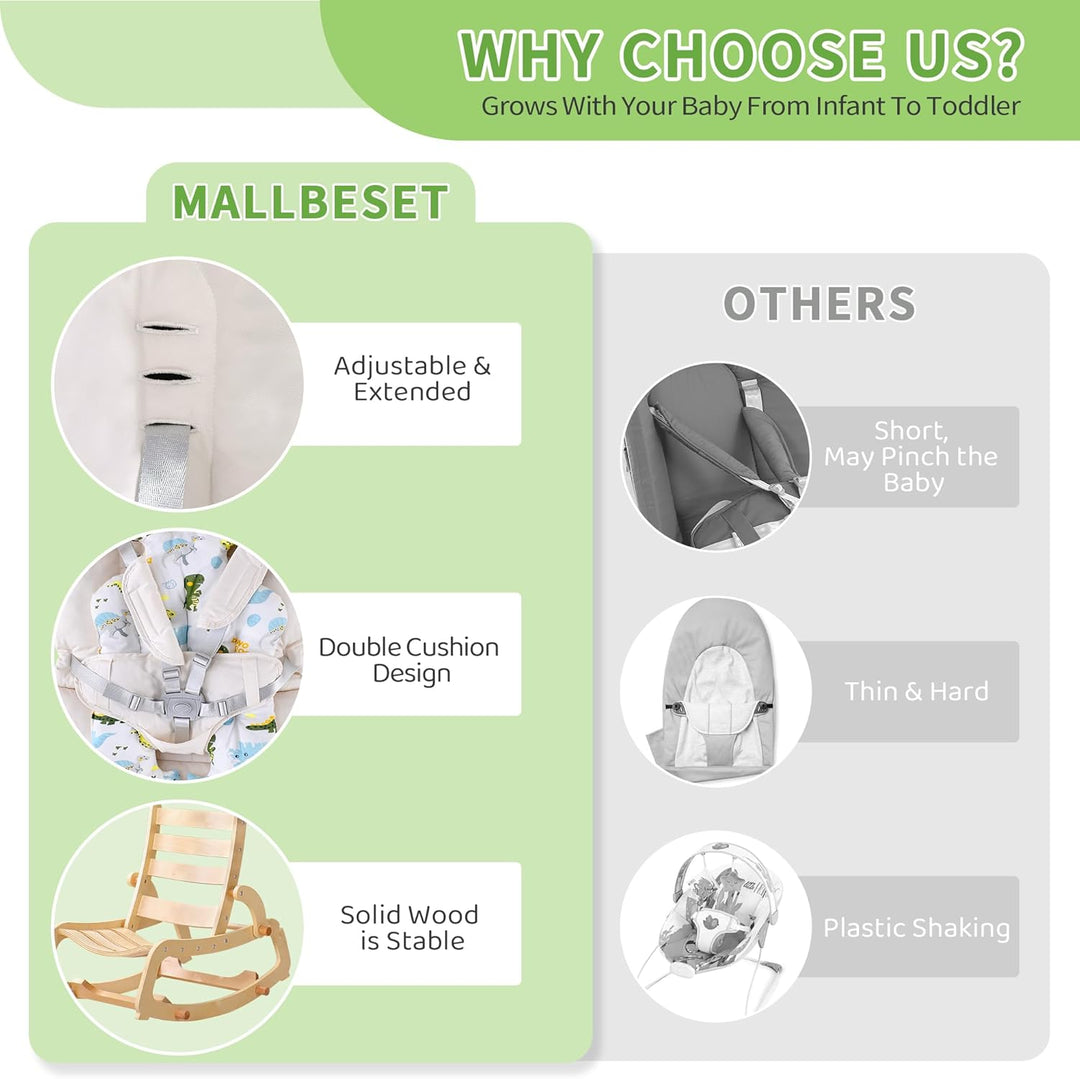 MALLBEST 3-in-1 Babywippe mit Doppelpolsterung, für 0-12 Monate, Verstellbarer Holz-Rocker-Stuhl für