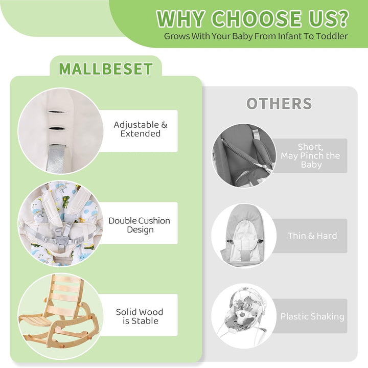 MALLBEST 3-in-1 Babywippe mit Doppelpolsterung, für 0-12 Monate, Verstellbarer Holz-Rocker-Stuhl für