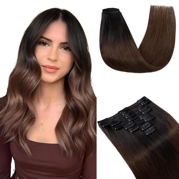 Elailite Echthaar Clip in Extensions 8 Tressen Glatt #1BT4 Naturschwarz ombre Mittelbraun, Haarverlä