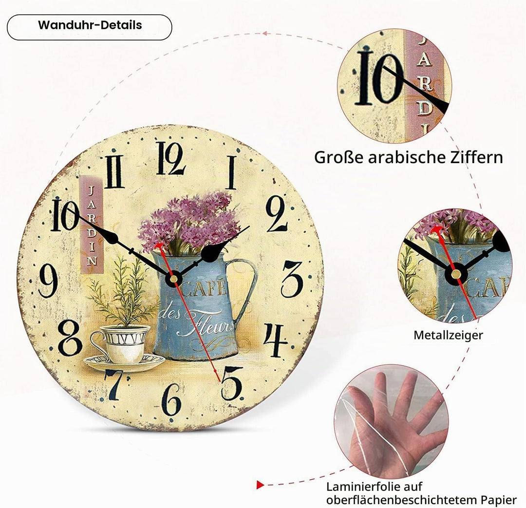 Toudorp 30cm Wanduhr Französisch Retro Blumen Muster Hölzerne Wanduhr Leise Nicht Ticken Batteriebet