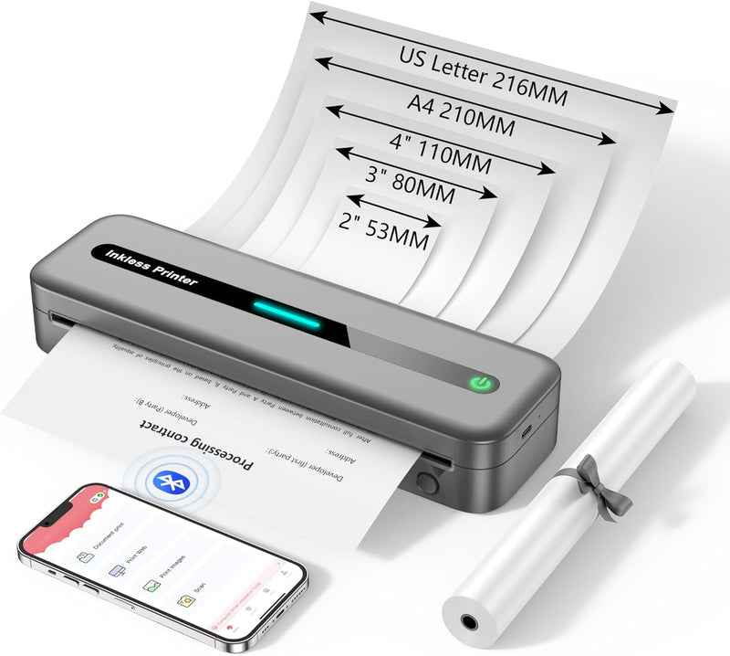 ASprink Mobiler Drucker, M832 Bluetooth Thermodrucker für A4/110mm/80mm/53mm/US-Letter Thermopapier,