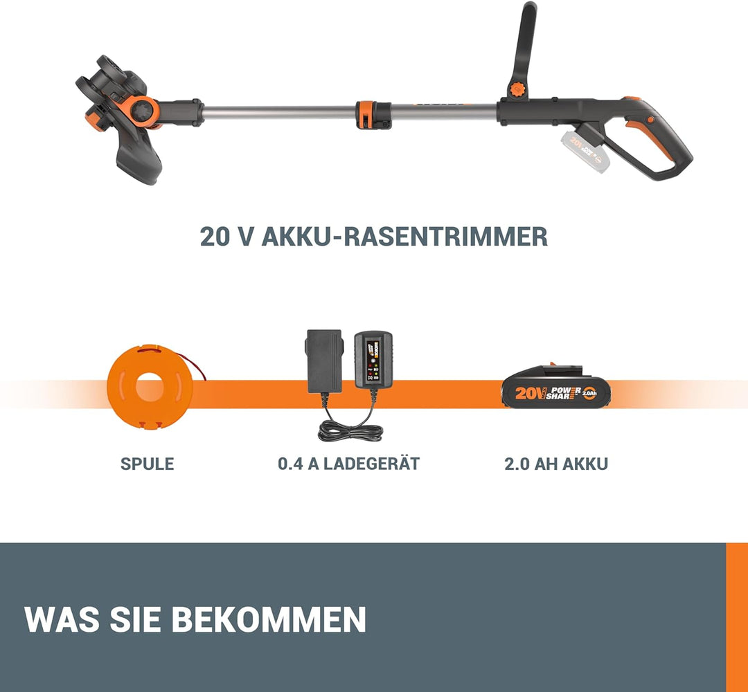 WORX WG163E.1 20V Akku-Rasentrimmer – Inkl. Li-Ion Akku, Ladestation, Spule, Sicherheitsschutz und