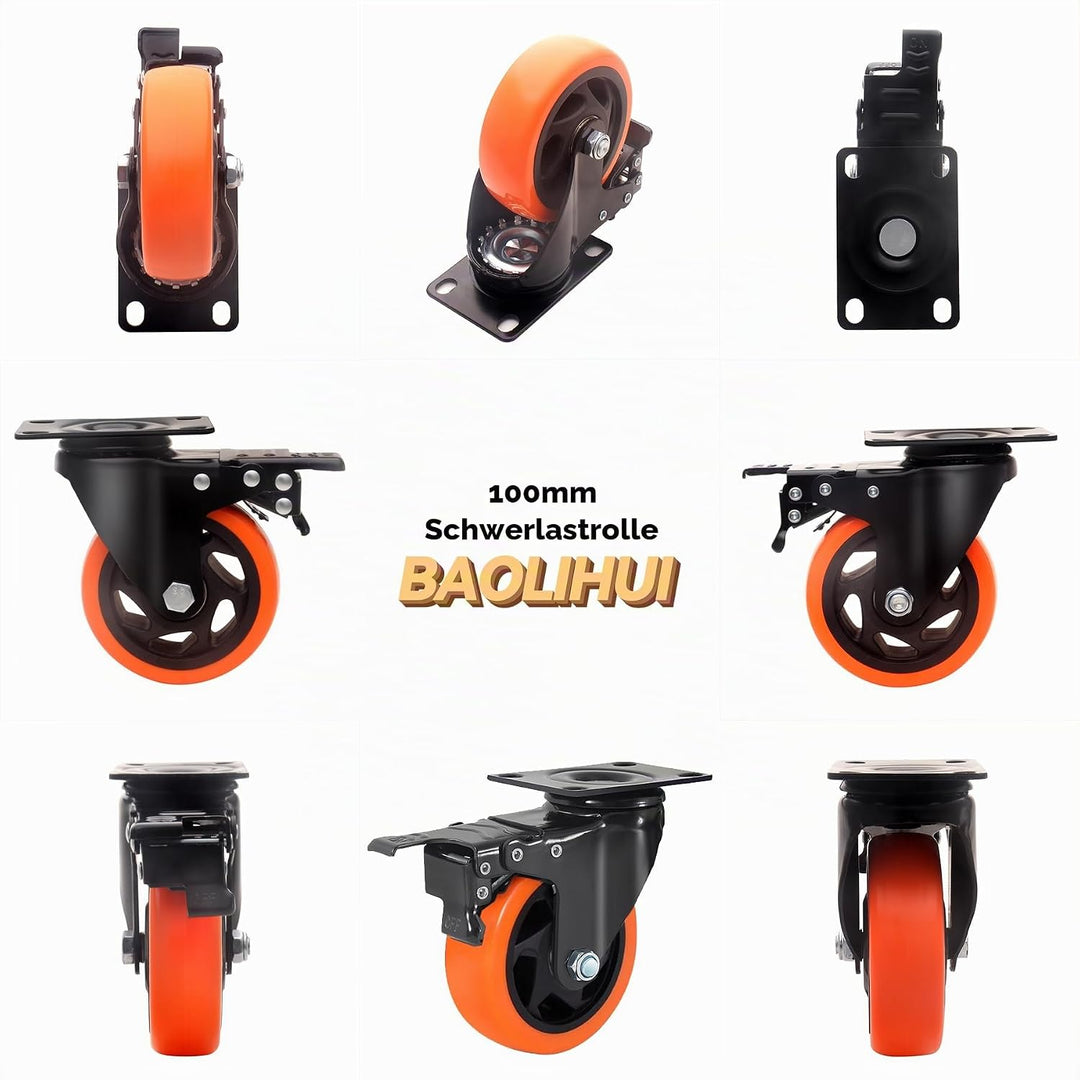 BAOLIHUI 100mm Orange Schwerlastrollen - 4er Set Lenkrollen mit Bremsen bis 600KG inkl. Montagezubeh