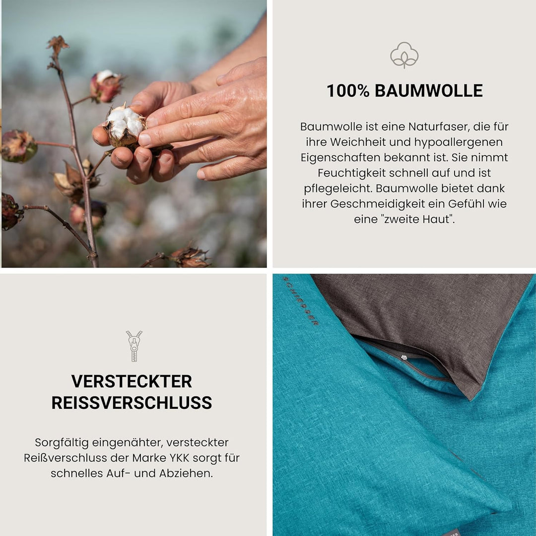 Schiesser Wendebettwäsche Doubleface Türkis-Anthrazit, 100% Baumwolle, Grösse:135 x 200 cm + 80 x 80