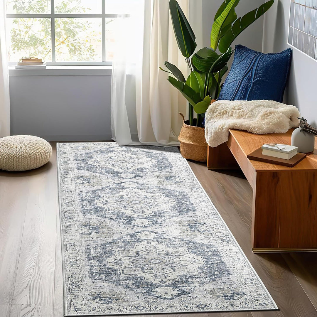 TOPICK Läufer 60x210cm Grau Flur Floral Teppich Waschbar Superdünne Faltbar Vintage Blumenteppich Ku