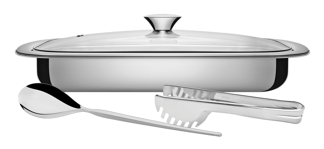 Bräter mit Glasdeckel, inkl. Servierebesteck, Edelstahl 38 x 25 cm
