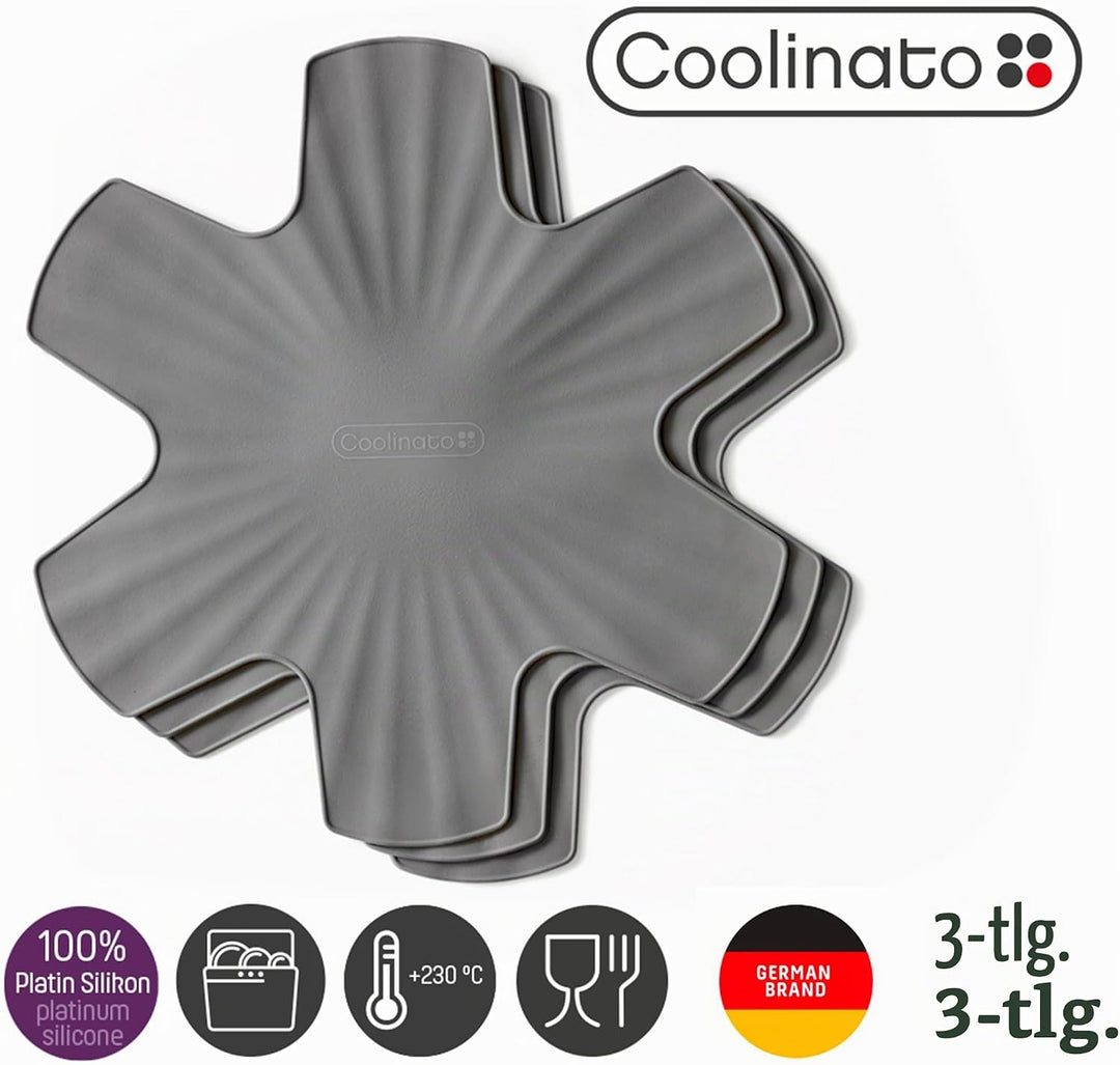 Coolinato 3er Set Pfannenschoner aus Silikon, 35 cm, grau, Topfuntersetzer, Pfannenschutz Stapelschu
