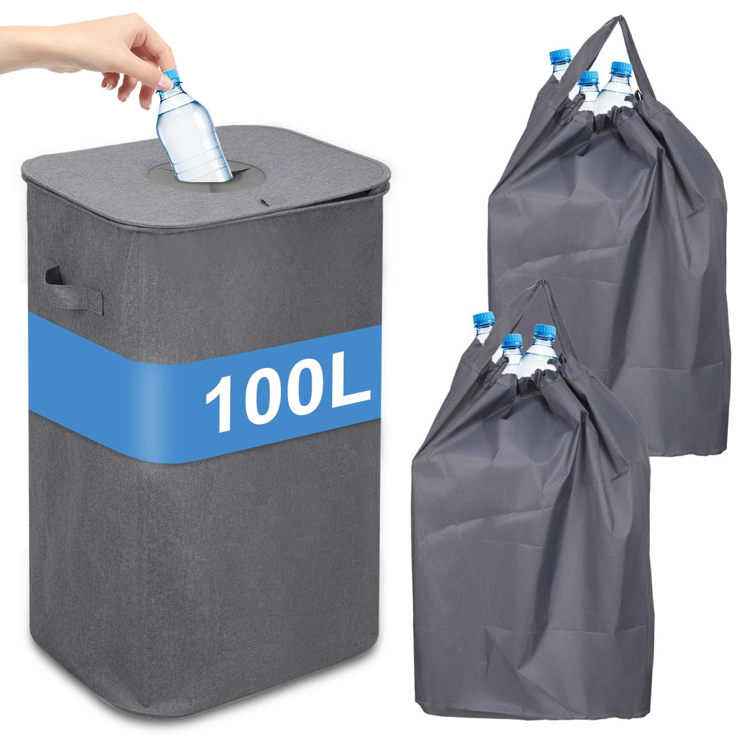 100L Pfandflaschen Sammelbehälter mit Deckel & 2X Tragetasche,Grau Behälter Leergut & Altglas Aufbew