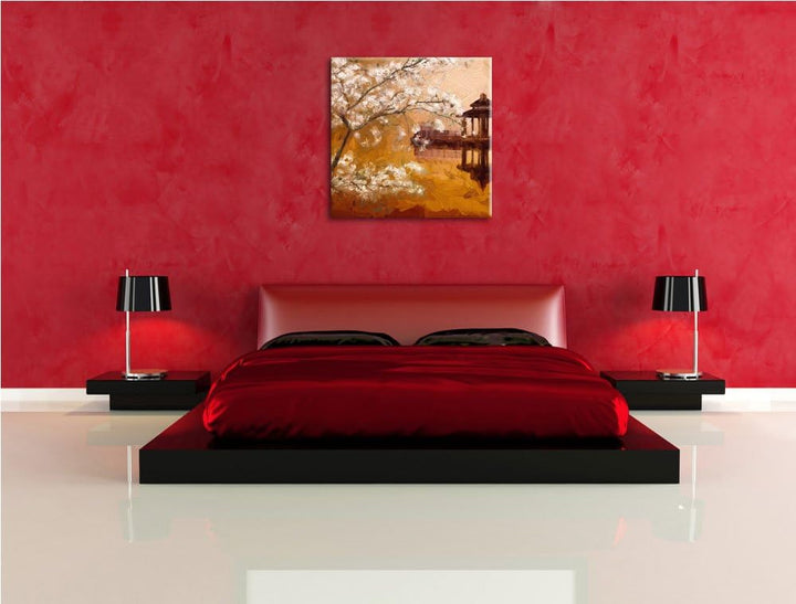 Pixxprint Kirschbaum an See als Leinwandbild/Grösse: 70x70 cm/Wandbild/Kunstdruck/fertig bespannt, 7