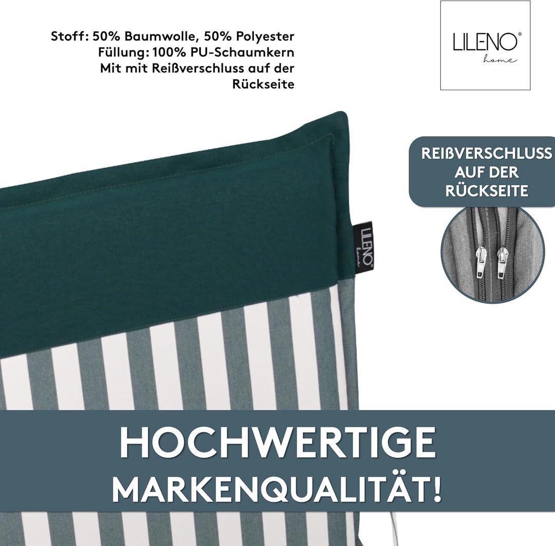 LILENO HOME Gartenstuhl Auflagen als [2er Set - Hochlehner] in Streifen Dunkelgrün - Uni Dunkelgrün