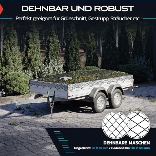 TRIBURG Anhängernetz Dehnbar 2x3 m bis 3x4 m inkl. 12 Expanderhaken | Elastisches Anhänger Netz mit