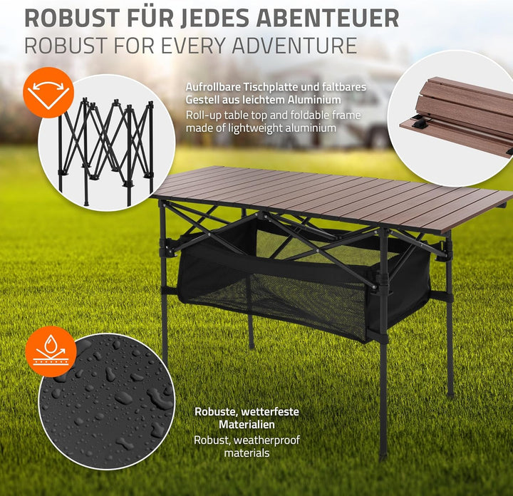 Hauki Campingtisch faltbar Braun, 118 x 55 x 64,5 cm, Aluminium Klapptisch, Aufrollbare Tischplatte,