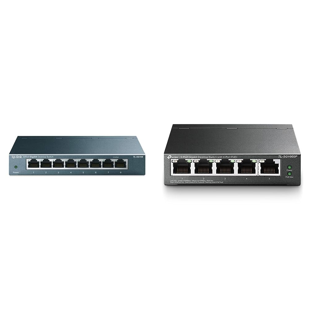 TP-Link TL-SG108 LAN Switch 8 Port Netzwerk Switch mit TL-SG1005P 5-Port Gigabit Lan PoE Switch