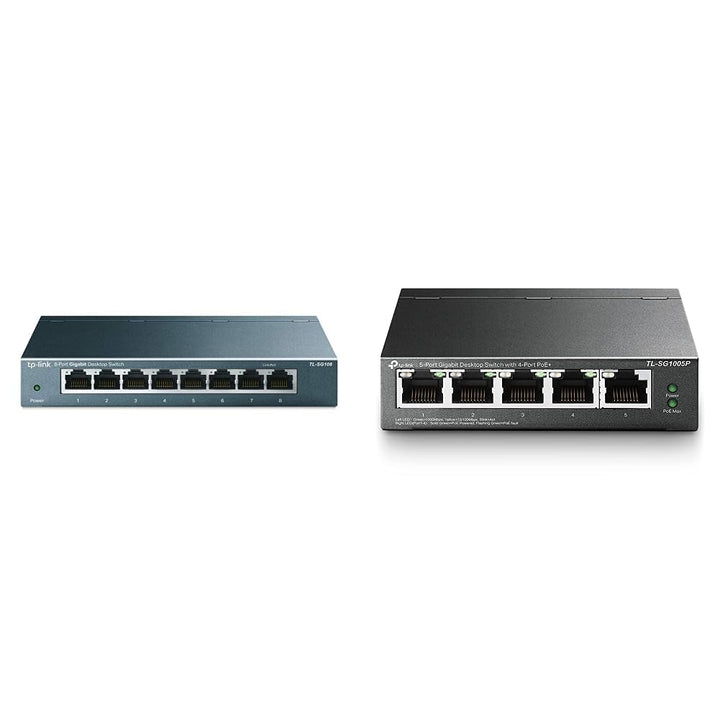 TP-Link TL-SG108 LAN Switch 8 Port Netzwerk Switch mit TL-SG1005P 5-Port Gigabit Lan PoE Switch
