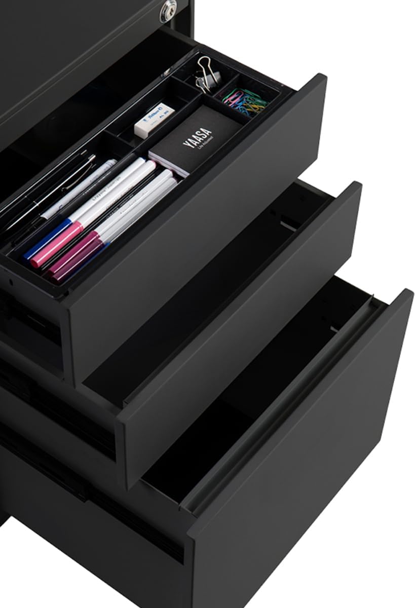 Yaasa File Cabinet Edged Standard Schwarz - Rollcontainer aus Stahl, Aktenschrank mit 3 verschliessb