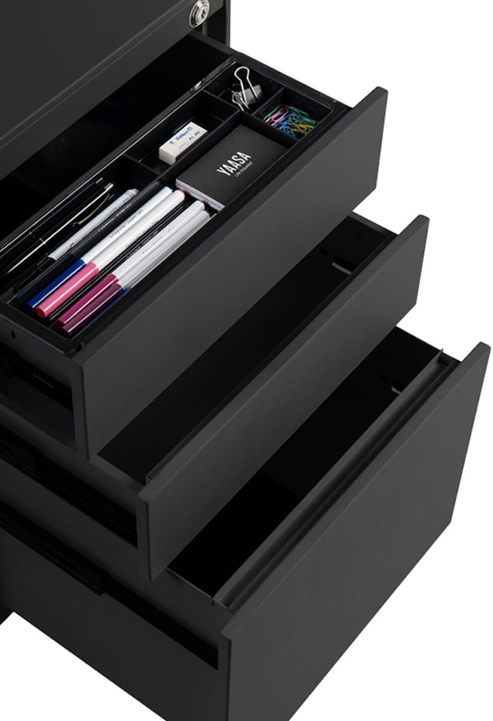 Yaasa File Cabinet Edged Standard Schwarz - Rollcontainer aus Stahl, Aktenschrank mit 3 verschliessb