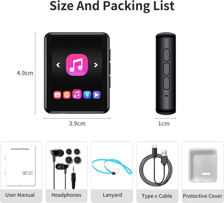 PINHUI 64GB MP3 Player Bluetooth 5.3, Touchscreen, tragbarer Kinder-Musikplayer mit Lautsprecher, UK
