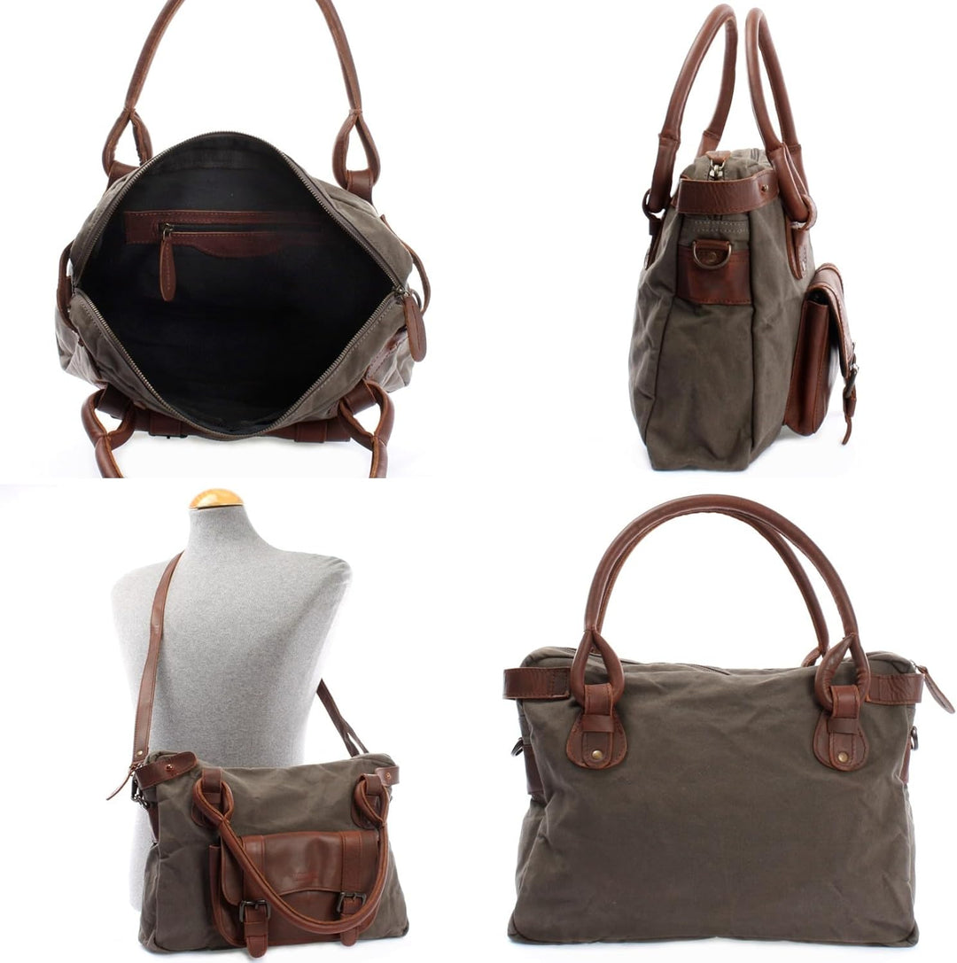 LECONI Henkeltasche Canvas + Echtleder Damentasche Retro-Look Handtasche Damen Vintage Schultertasch