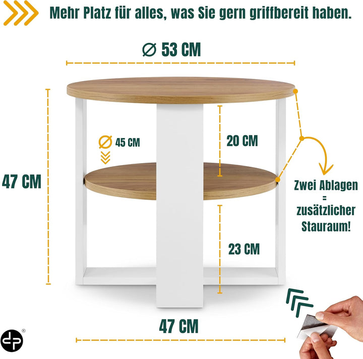 Couchtisch rund Eiche Ø53 cm -Kleiner Beistelltisch mit Ablage - 2 Ebenen, runder moderner Kaffeetis