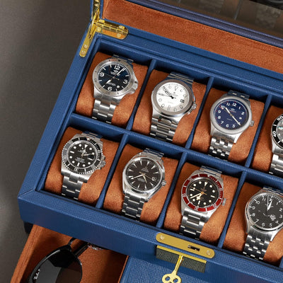 ROTHWELL Uhrenbox aus Leder, 10 Fächer, Luxus-Uhrenetui mit Schublade, abschliessbarer Schmuck-Uhren