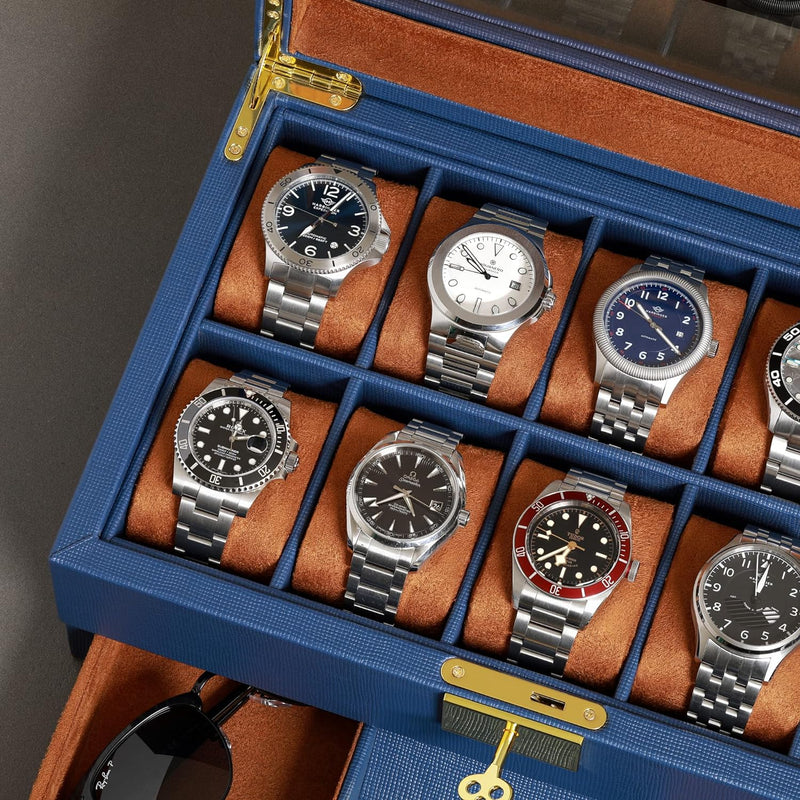 ROTHWELL Uhrenbox aus Leder, 10 Fächer, Luxus-Uhrenetui mit Schublade, abschliessbarer Schmuck-Uhren