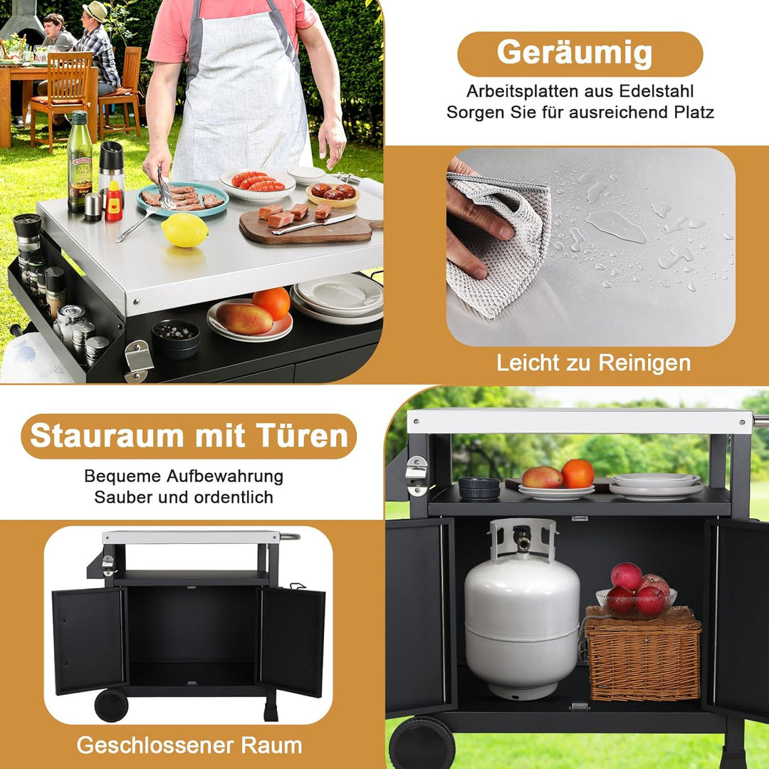 LIFERUN Edelstahl Grillwagen 3-Etagen, Grilltisch Servierwagen Beistelltisch, Grill Trolley Outdoor,