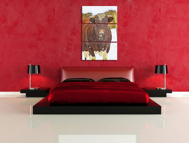 Kuhbullen in Schneelandschaft Spezial 3-Teiler Leinwandbild 120x80 Bild auf Leinwand, XXL riesige Bi
