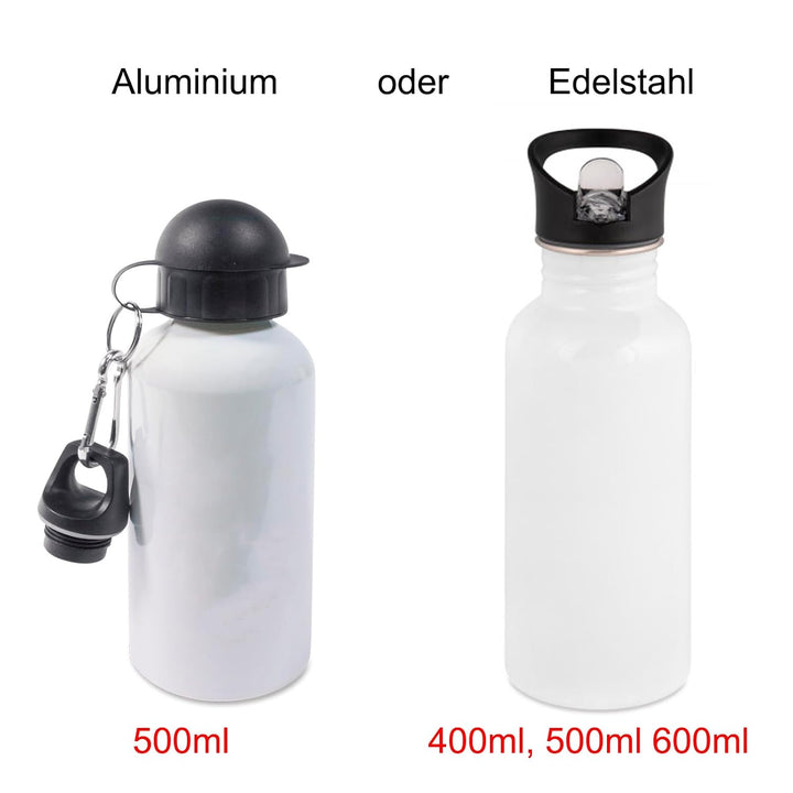 Trinkflasche mit Name/wahlweise 400ml, 500ml oder 600ml + Schriftwahl für Name + Edelstahl oder Alum