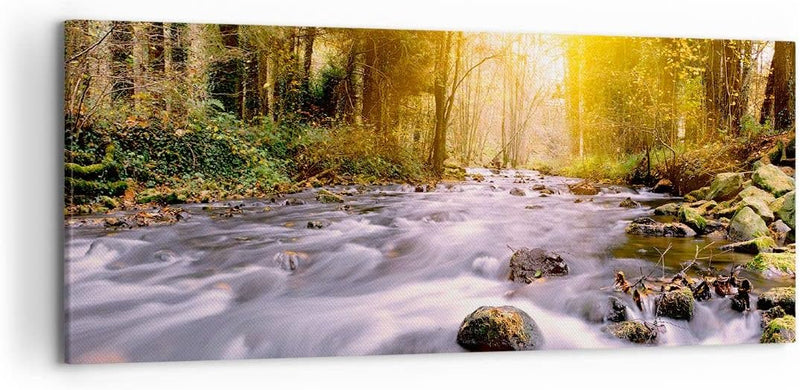 Wandbilder Dekoration Wohnzimmer Herbst Wald Berg Fluss Panorama Bilder auf Leinwand 120x50cm Leinwa