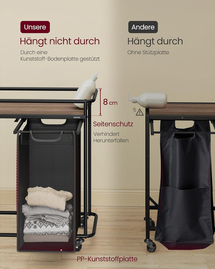 VASAGLE Wäschesammler mit Rollen, Wäschekorb 2 Fächer, 100 L, Wäschesortierer mit Ablage, Wäschewage